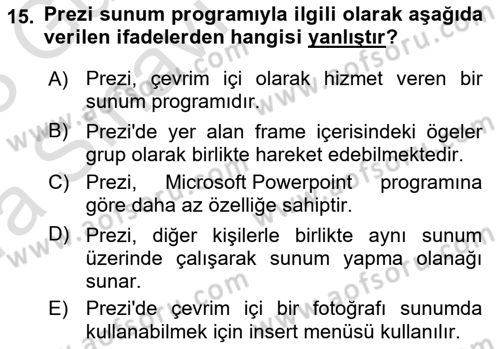 Temel Bilgi Teknolojileri Dersi Ara Sınavı Deneme Sınav Soruları 15. Soru