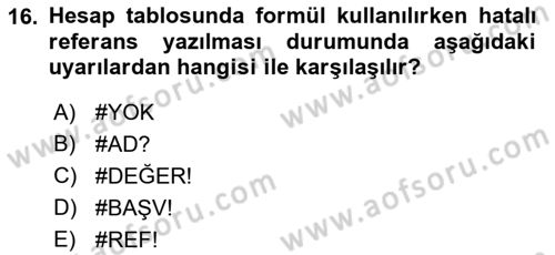 Temel Bilgi Teknolojileri Dersi Ara Sınavı Deneme Sınav Soruları 16. Soru