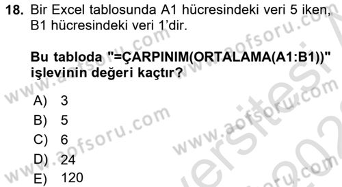 Temel Bilgi Teknolojileri Dersi Ara Sınavı Deneme Sınav Soruları 18. Soru