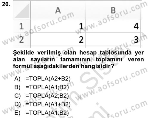 Temel Bilgi Teknolojileri Dersi Ara Sınavı Deneme Sınav Soruları 20. Soru