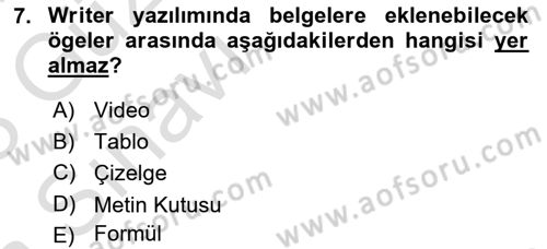 Temel Bilgi Teknolojileri Dersi Ara Sınavı Deneme Sınav Soruları 7. Soru