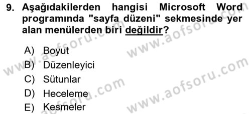 Temel Bilgi Teknolojileri Dersi Ara Sınavı Deneme Sınav Soruları 9. Soru