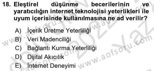 Temel Bilgi Teknolojileri Dersi 2022 - 2023 Yılı Yaz Okulu Sınav Soruları 18. Soru