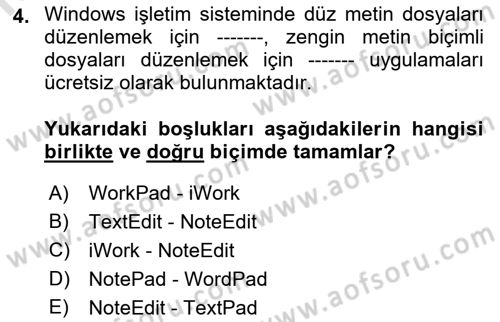 Temel Bilgi Teknolojileri Dersi 2022 - 2023 Yılı Yaz Okulu Sınav Soruları 4. Soru