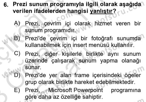 Temel Bilgi Teknolojileri Dersi 2022 - 2023 Yılı Yaz Okulu Sınav Soruları 6. Soru