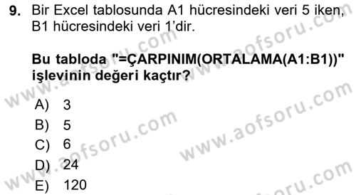 Temel Bilgi Teknolojileri Dersi 2022 - 2023 Yılı Yaz Okulu Sınav Soruları 9. Soru