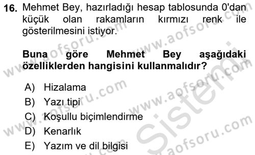 Temel Bilgi Teknolojileri Dersi Ara Sınavı Deneme Sınav Soruları 16. Soru