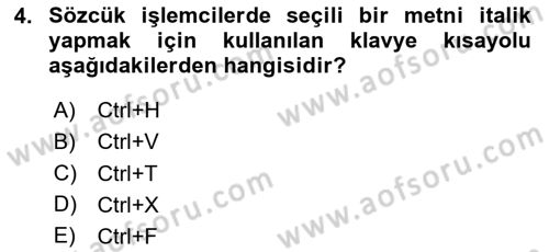 Temel Bilgi Teknolojileri Dersi 2023 - 2024 Yılı Yaz Okulu Sınav Soruları 4. Soru
