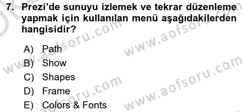 Temel Bilgi Teknolojileri Dersi 2023 - 2024 Yılı Yaz Okulu Sınav Soruları 7. Soru