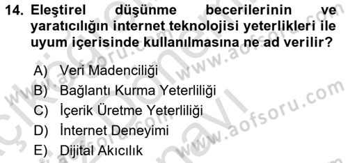 Temel Bilgi Teknolojileri Dersi 2024 - 2025 Yılı (Final) Dönem Sonu Sınav Soruları 14. Soru