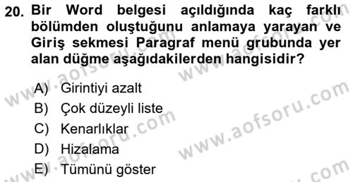 Temel Bilgi Teknolojileri Dersi 2025 - 2026 Yılı (Vize) Ara Sınav Soruları 20. Soru