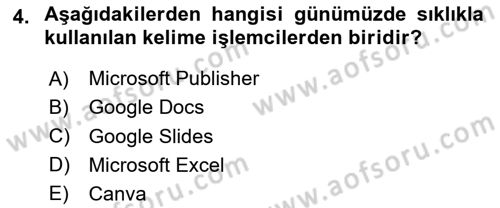 Temel Bilgi Teknolojileri Dersi 2025 - 2026 Yılı (Final) Dönem Sonu Sınav Soruları 4. Soru