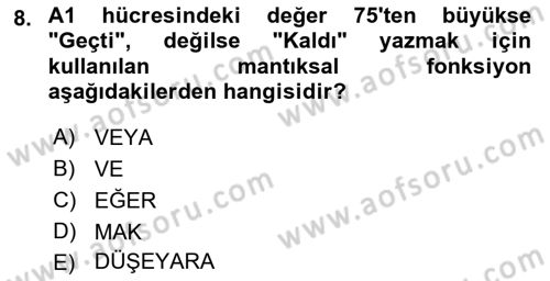 Temel Bilgi Teknolojileri Dersi 2025 - 2026 Yılı (Final) Dönem Sonu Sınav Soruları 8. Soru