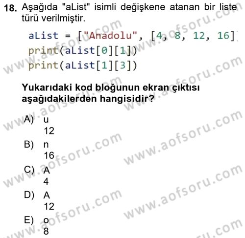 Programlama 2 Dersi 2022 - 2023 Yılı (Vize) Ara Sınav Soruları 18. Soru
