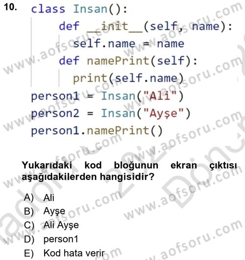 Programlama 2 Dersi 2022 - 2023 Yılı (Final) Dönem Sonu Sınav Soruları 10. Soru
