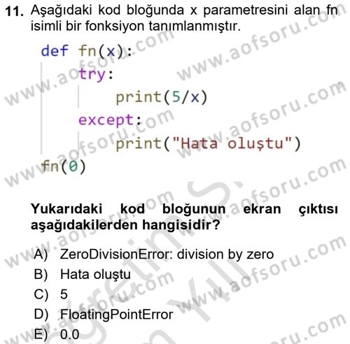 Programlama 2 Dersi 2022 - 2023 Yılı Yaz Okulu Sınavı 11. Soru