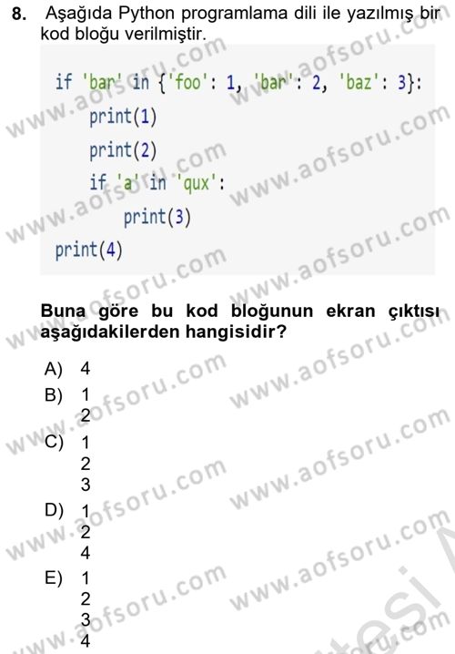Programlama 2 Dersi 2023 - 2024 Yılı (Vize) Ara Sınavı 8. Soru