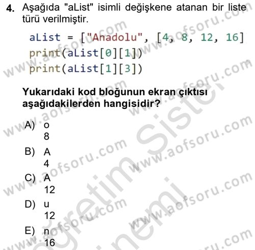 Programlama 2 Dersi 2023 - 2024 Yılı (Final) Dönem Sonu Sınav Soruları 4. Soru