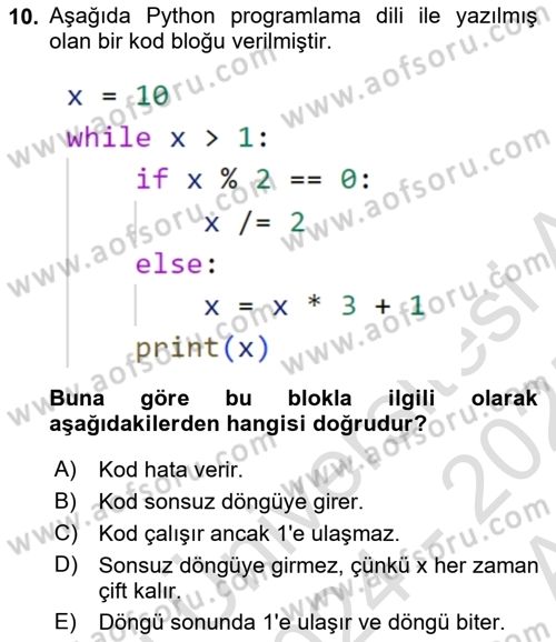 Programlama 2 Dersi 2024 - 2025 Yılı (Vize) Ara Sınav Soruları 10. Soru