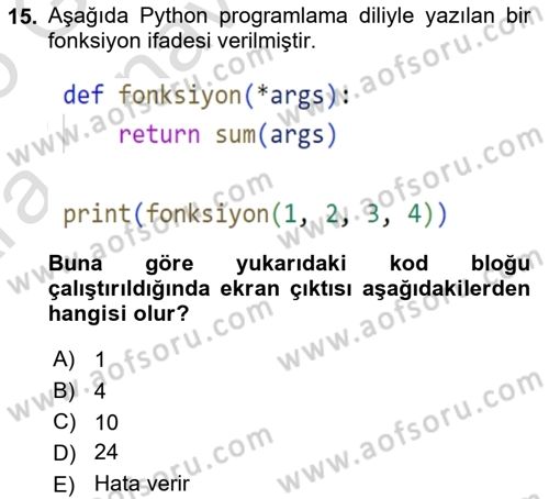 Programlama 2 Dersi 2024 - 2025 Yılı (Vize) Ara Sınav Soruları 15. Soru