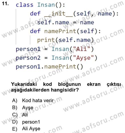 Programlama 2 Dersi 2024 - 2025 Yılı (Final) Dönem Sonu Sınav Soruları 11. Soru