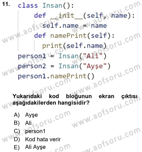 Programlama 2 Dersi 2025 - 2026 Yılı (Final) Dönem Sonu Sınav Soruları 11. Soru