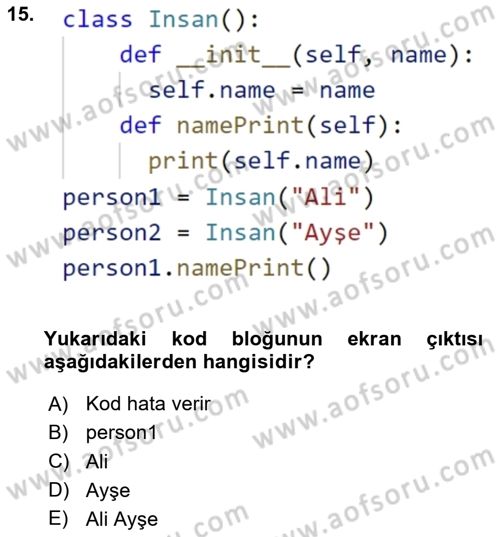 Programlama 2 Dersi 2025 - 2026 Yılı Yaz Okulu Sınav Soruları 15. Soru