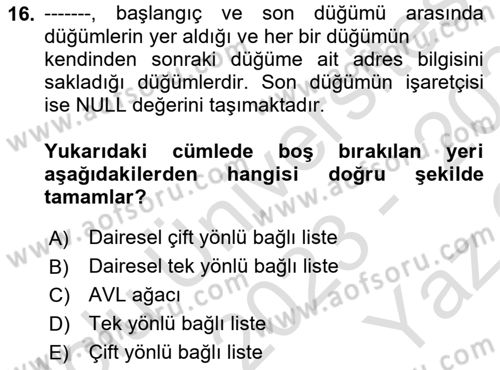 Algoritmalar Dersi 2023 - 2024 Yılı Yaz Okulu Sınav Soruları 16. Soru