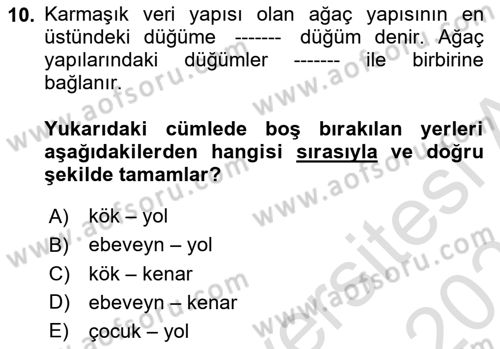 Algoritmalar Dersi 2024 - 2025 Yılı (Vize) Ara Sınav Soruları 10. Soru