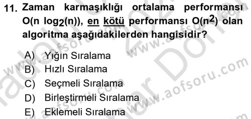 Algoritmalar Dersi 2024 - 2025 Yılı (Final) Dönem Sonu Sınav Soruları 11. Soru