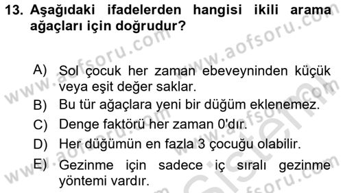 Algoritmalar Dersi 2024 - 2025 Yılı (Final) Dönem Sonu Sınav Soruları 13. Soru