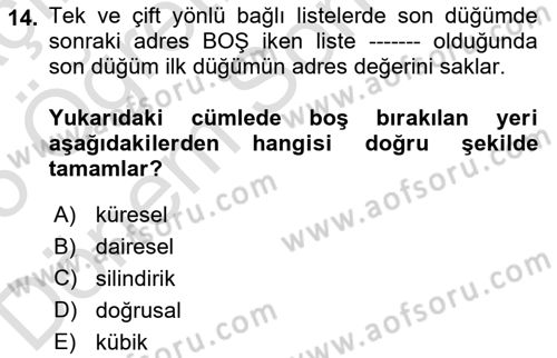 Algoritmalar Dersi 2024 - 2025 Yılı (Final) Dönem Sonu Sınav Soruları 14. Soru