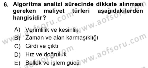 Algoritmalar Dersi 2024 - 2025 Yılı (Final) Dönem Sonu Sınav Soruları 6. Soru