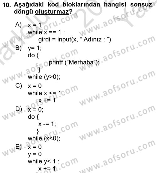 Algoritmalar Dersi 2024 - 2025 Yılı Yaz Okulu Sınav Soruları 10. Soru
