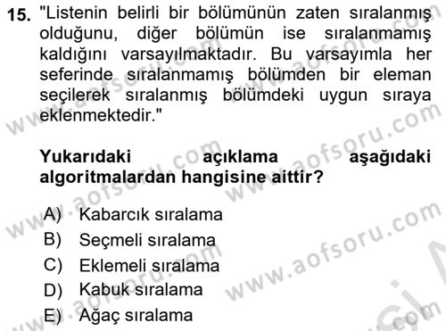 Algoritmalar Dersi 2024 - 2025 Yılı Yaz Okulu Sınav Soruları 15. Soru