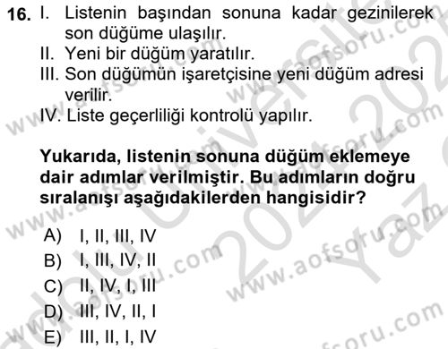 Algoritmalar Dersi 2024 - 2025 Yılı Yaz Okulu Sınav Soruları 16. Soru