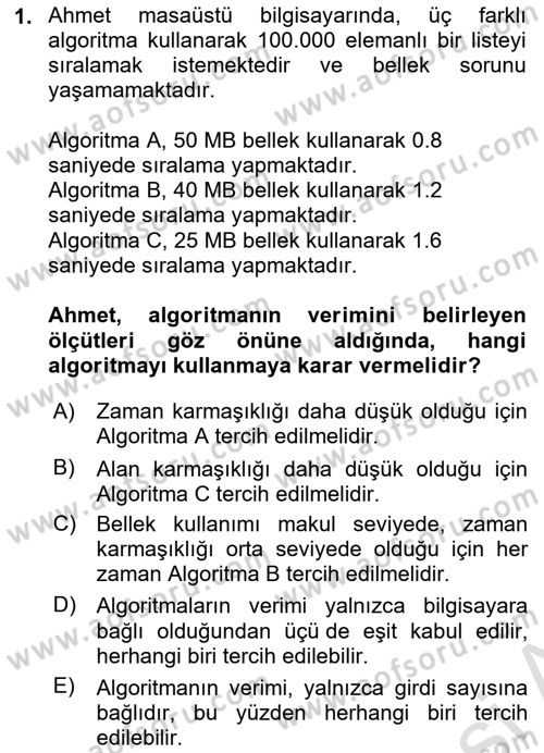 Algoritmalar Dersi 2025 - 2026 Yılı (Vize) Ara Sınav Soruları 1. Soru