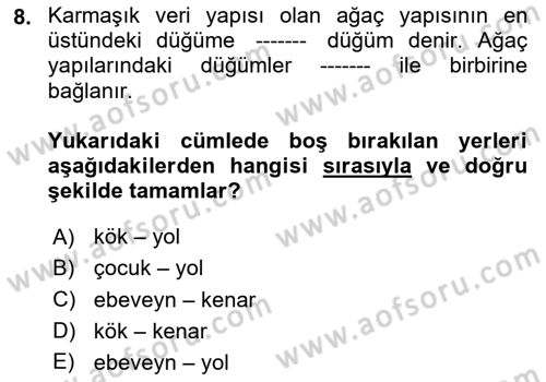 Algoritmalar Dersi 2025 - 2026 Yılı (Vize) Ara Sınav Soruları 8. Soru