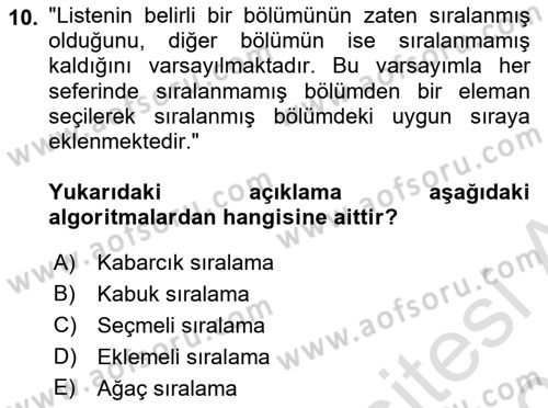 Algoritmalar Dersi 2025 - 2026 Yılı (Final) Dönem Sonu Sınav Soruları 10. Soru