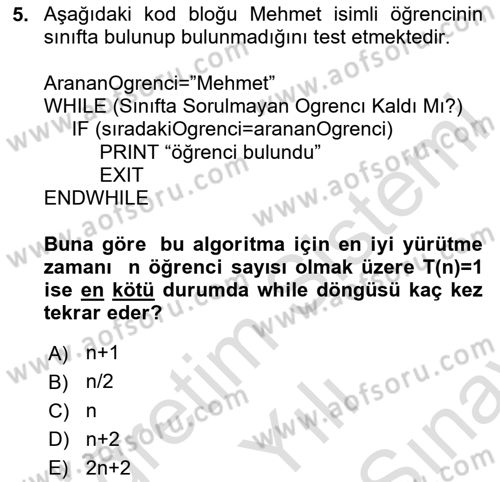Algoritmalar Dersi 2025 - 2026 Yılı (Final) Dönem Sonu Sınav Soruları 5. Soru