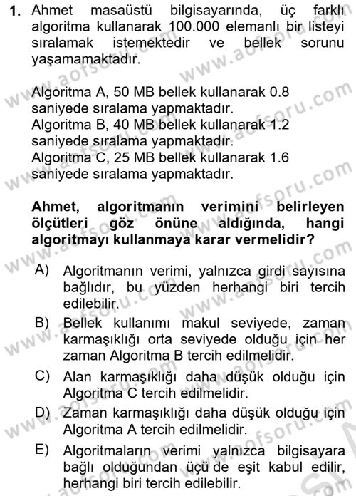 Algoritmalar Dersi 2025 - 2026 Yılı Yaz Okulu Sınav Soruları 1. Soru