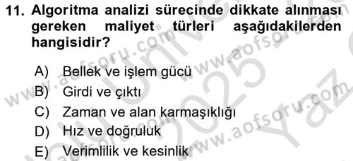 Algoritmalar Dersi 2025 - 2026 Yılı Yaz Okulu Sınav Soruları 11. Soru