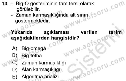 Algoritmalar Dersi 2025 - 2026 Yılı Yaz Okulu Sınav Soruları 13. Soru