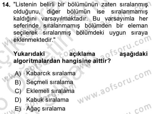 Algoritmalar Dersi 2025 - 2026 Yılı Yaz Okulu Sınav Soruları 14. Soru