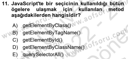 Web Arayüz Programlama Dersi 2022 - 2023 Yılı (Final) Dönem Sonu Sınav Soruları 11. Soru