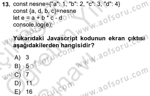 Web Arayüz Programlama Dersi 2022 - 2023 Yılı Yaz Okulu Sınav Soruları 13. Soru