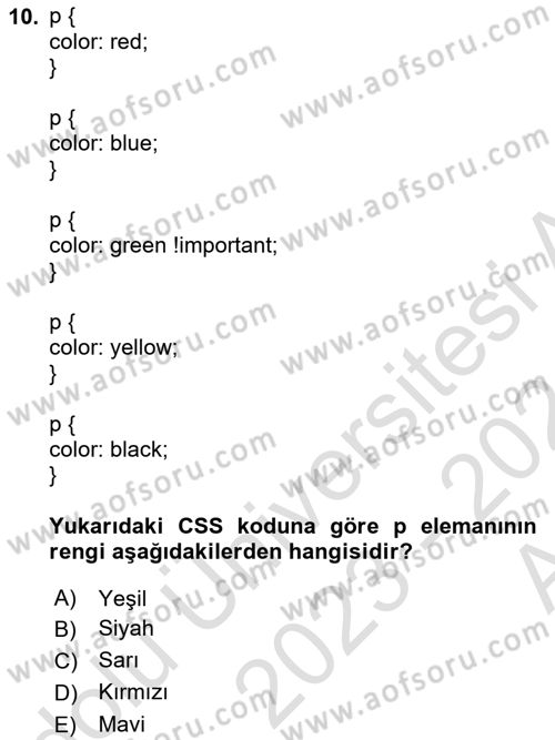 Web Arayüz Programlama Dersi 2023 - 2024 Yılı (Vize) Ara Sınav Soruları 10. Soru