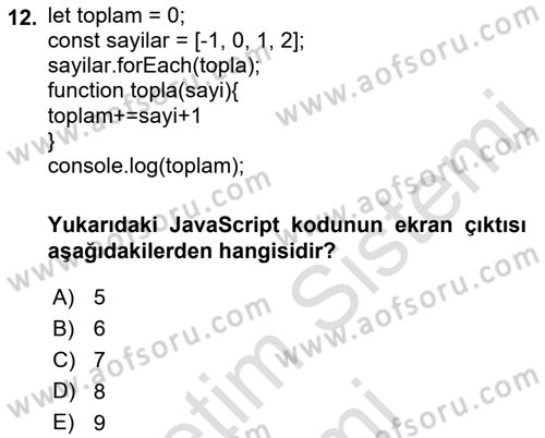 Web Arayüz Programlama Dersi 2023 - 2024 Yılı (Final) Dönem Sonu Sınavı 12. Soru