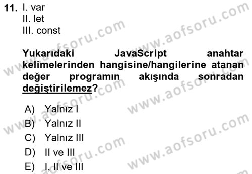 Web Arayüz Programlama Dersi 2023 - 2024 Yılı Yaz Okulu Sınav Soruları 11. Soru