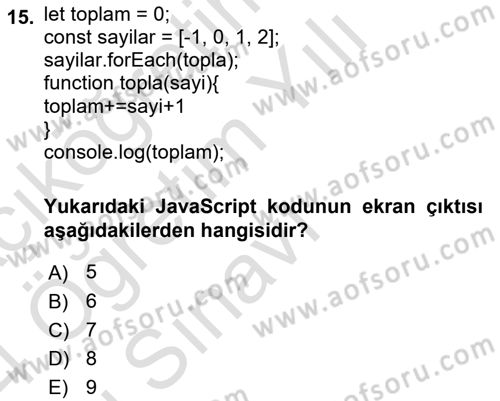 Web Arayüz Programlama Dersi 2023 - 2024 Yılı Yaz Okulu Sınav Soruları 15. Soru